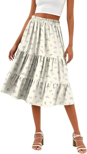 Midi Skirts for Women Summer Boho Floral Flowy Tiered Pleated High Elastic Waist A Line Skirt Beach Vacation Clothes