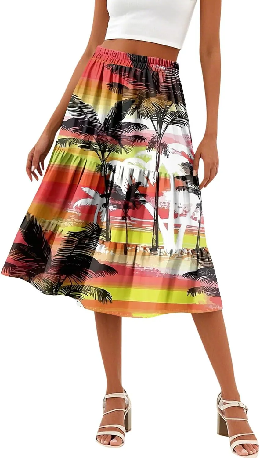 Midi Skirts for Women Summer Boho Floral Flowy Tiered Pleated High Elastic Waist A Line Skirt Beach Vacation Clothes