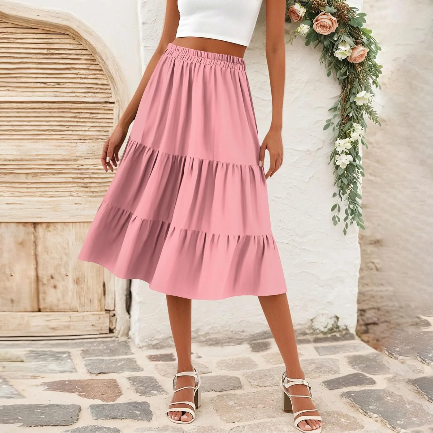 Midi Skirts for Women Summer High Elastic Waist Tiered Pleated Boho Floral Flowy A Line Skirt Beach Vacation Clothes
