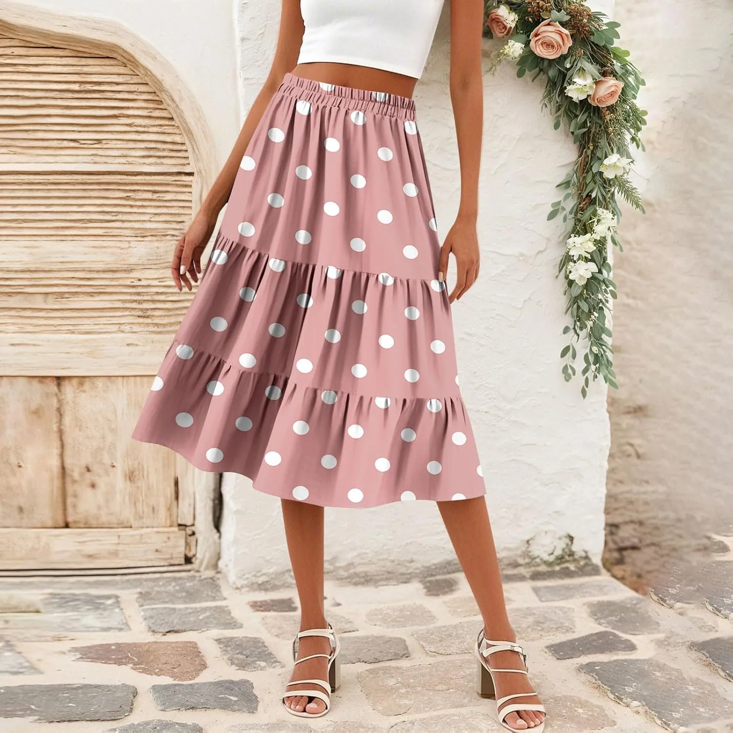 Midi Skirts for Women Summer High Elastic Waist Tiered Pleated Boho Floral Flowy A Line Skirt Beach Vacation Clothes