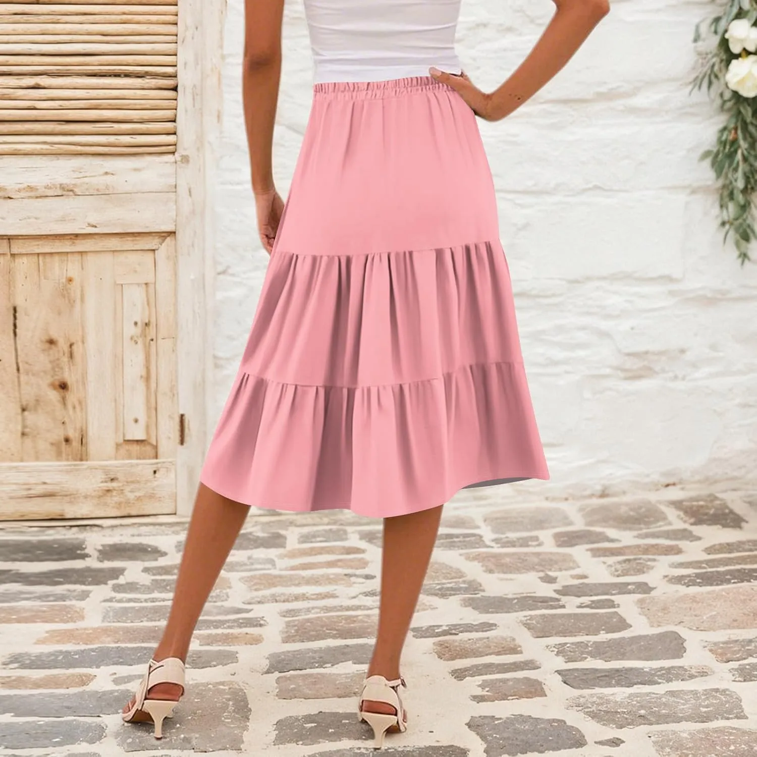 Midi Skirts for Women Summer High Elastic Waist Tiered Pleated Boho Floral Flowy A Line Skirt Beach Vacation Clothes