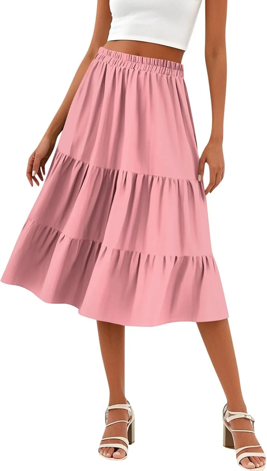 Midi Skirts for Women Summer High Elastic Waist Tiered Pleated Boho Floral Flowy A Line Skirt Beach Vacation Clothes