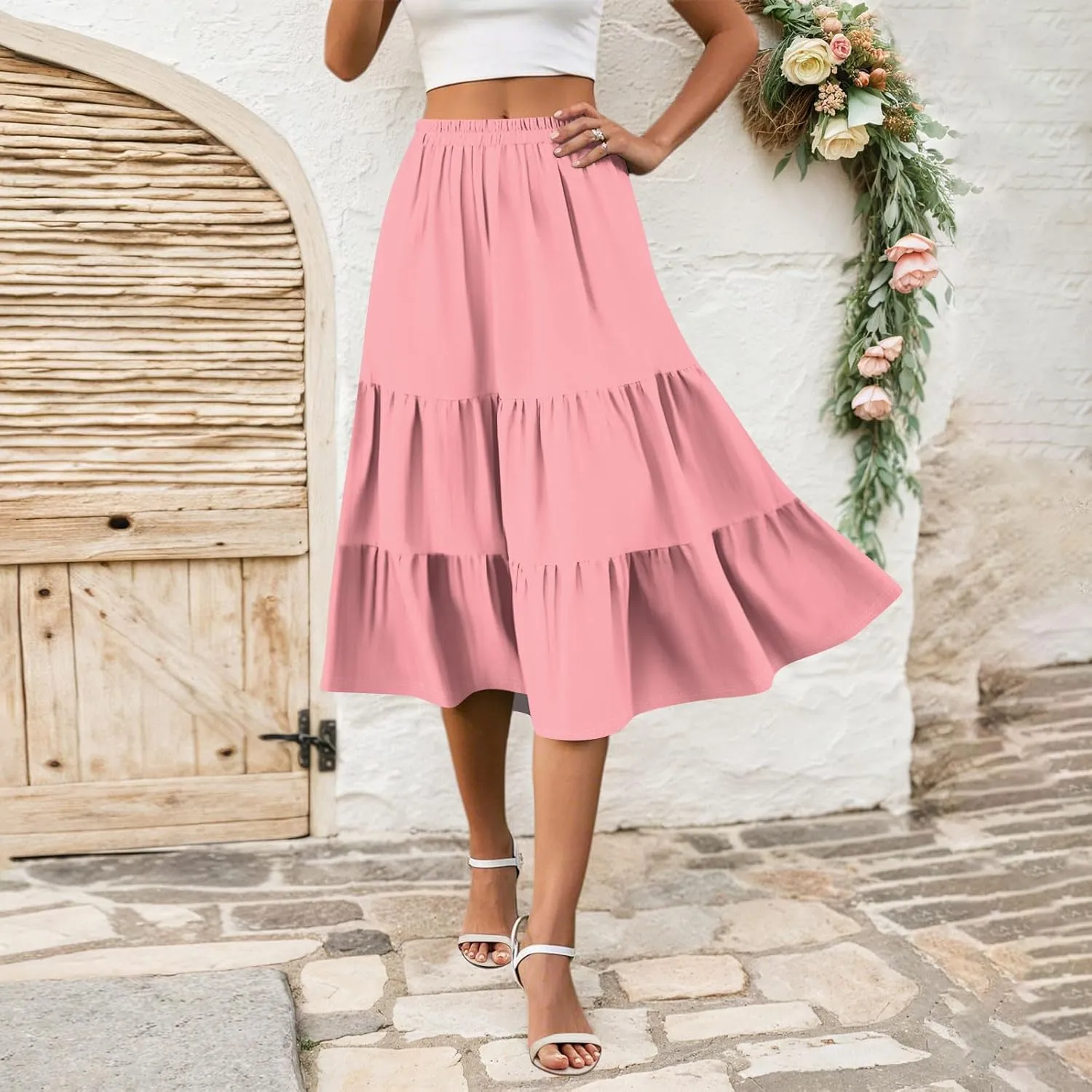 Midi Skirts for Women Summer High Elastic Waist Tiered Pleated Boho Floral Flowy A Line Skirt Beach Vacation Clothes