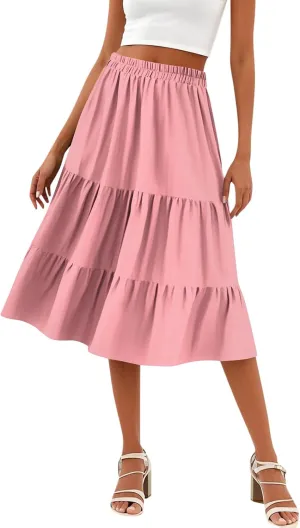 Midi Skirts for Women Summer High Elastic Waist Tiered Pleated Boho Floral Flowy A Line Skirt Beach Vacation Clothes