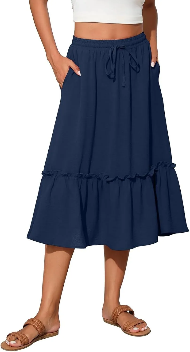 Midi Skirts for Women,2025 Summer Trendy Floral Print High Elastic Boho Skirts,Flowy Ruched Tiered Swing Beach Dress