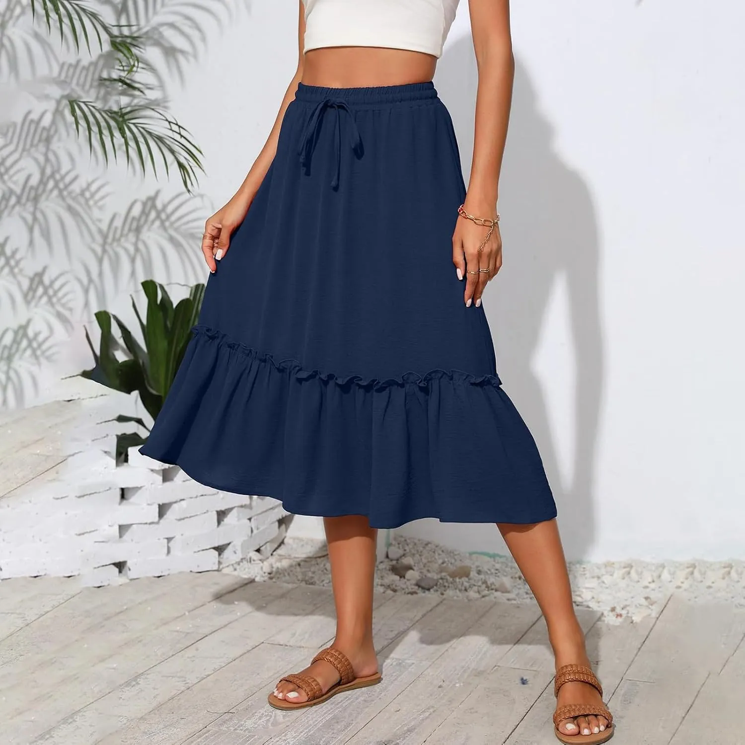 Midi Skirts for Women,2025 Summer Trendy Floral Print High Elastic Boho Skirts,Flowy Ruched Tiered Swing Beach Dress