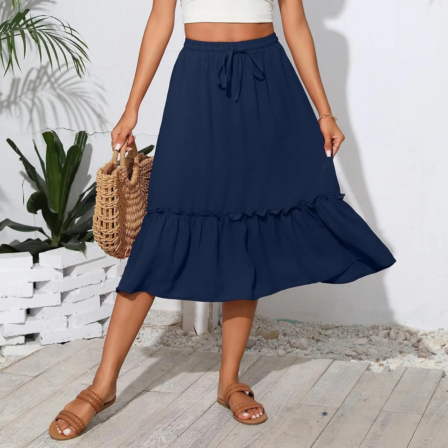 Midi Skirts for Women,2025 Summer Trendy Floral Print High Elastic Boho Skirts,Flowy Ruched Tiered Swing Beach Dress