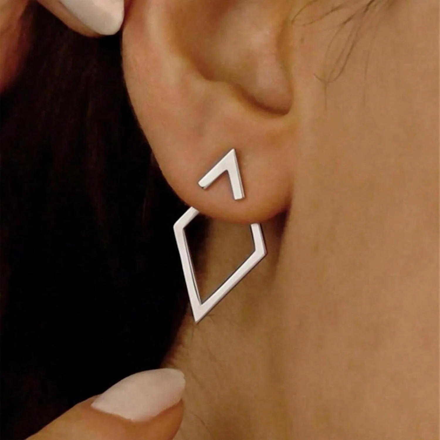 Minimalist Gold Ear Jacket Earrings Rhombus Geometric Ear Studs Hollow Square Front Back Earrings Open Rhombus Earring Jewelry for Women(Gold Geometric 1)