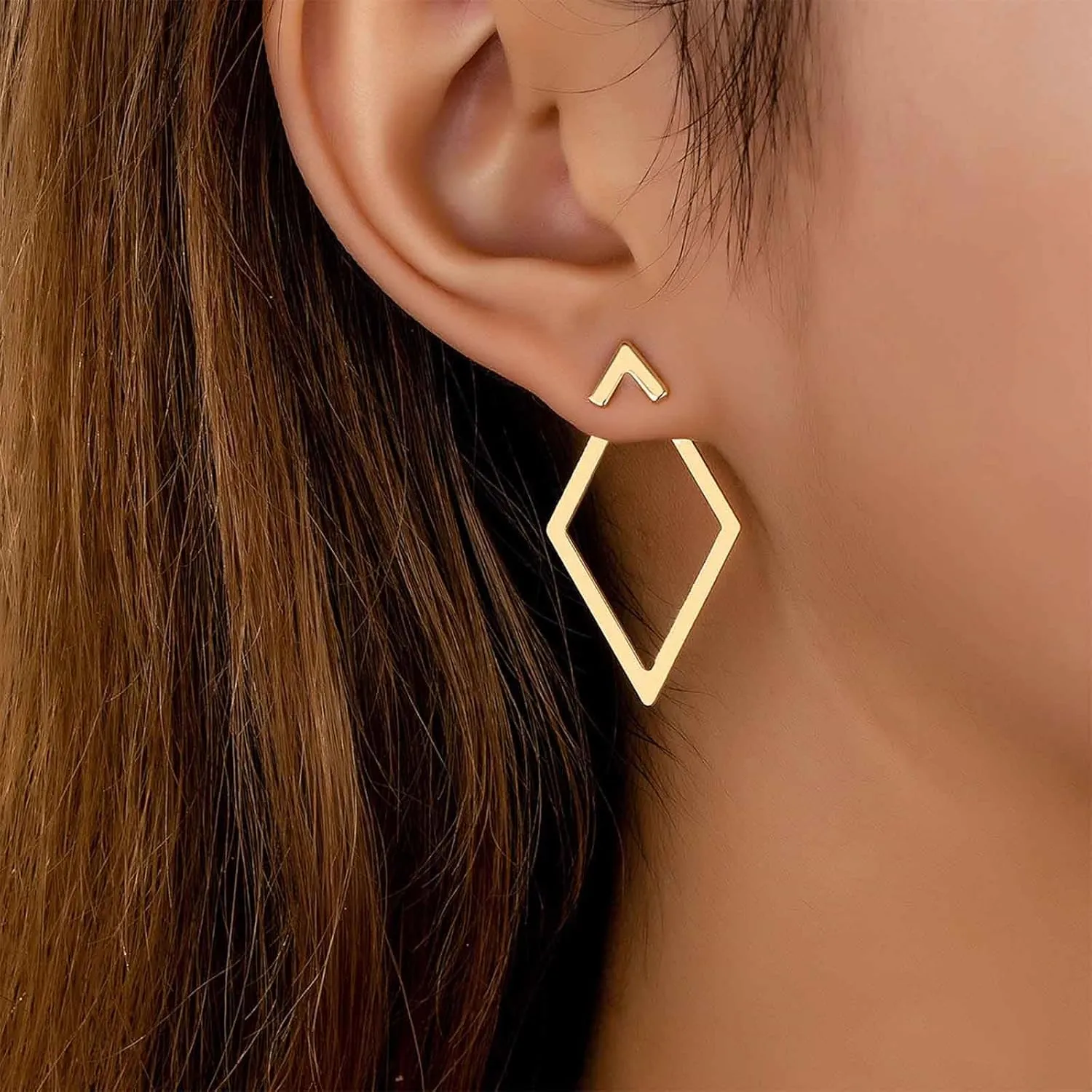 Minimalist Gold Ear Jacket Earrings Rhombus Geometric Ear Studs Hollow Square Front Back Earrings Open Rhombus Earring Jewelry for Women(Gold Geometric 1)