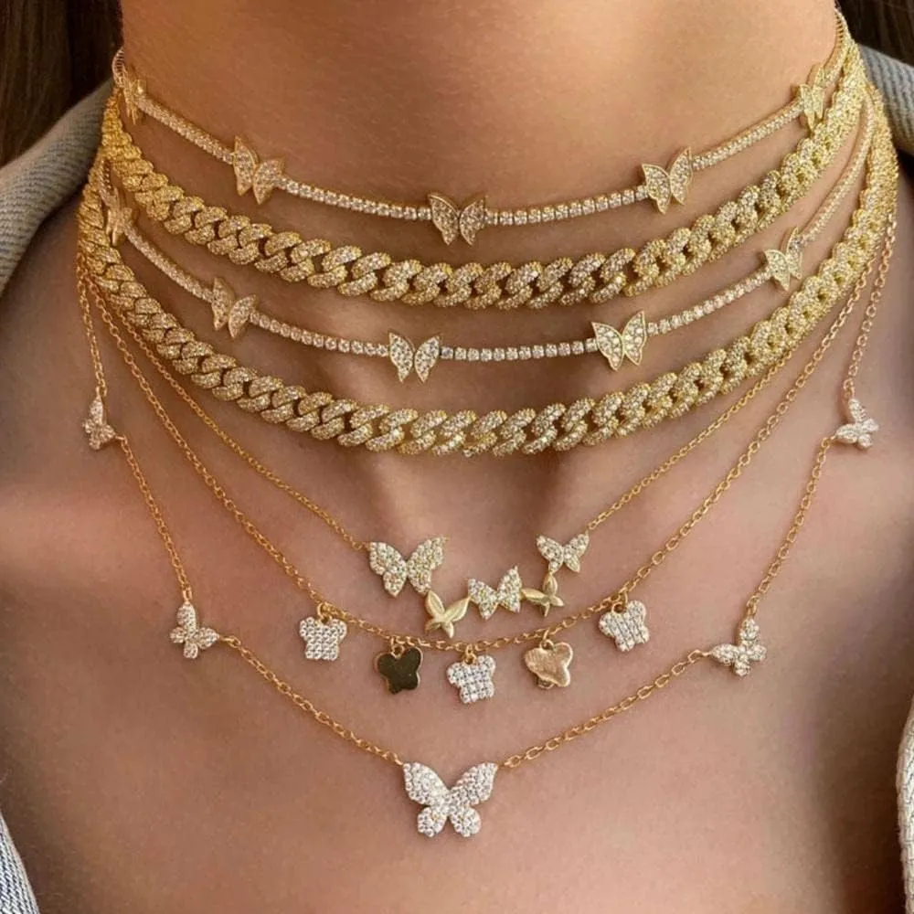Multicolor Crystal Butterfly Tennis Choker Necklace for Women Iced Out Charms Pendants Chains Rhinestone Jewelry LY2X4 (029602RD)