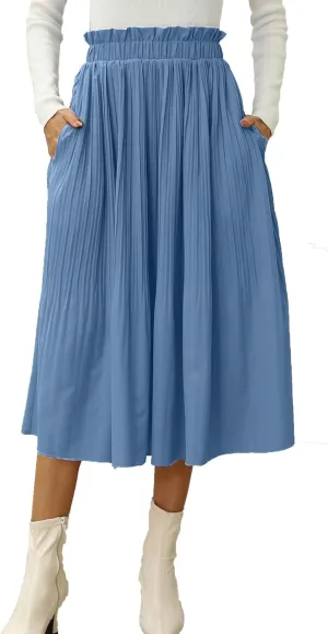 Naggoo Women's Skirts High Elastic Waisted Casual Skirt Pleated Floral/Solid Midi Skirts with Pockets