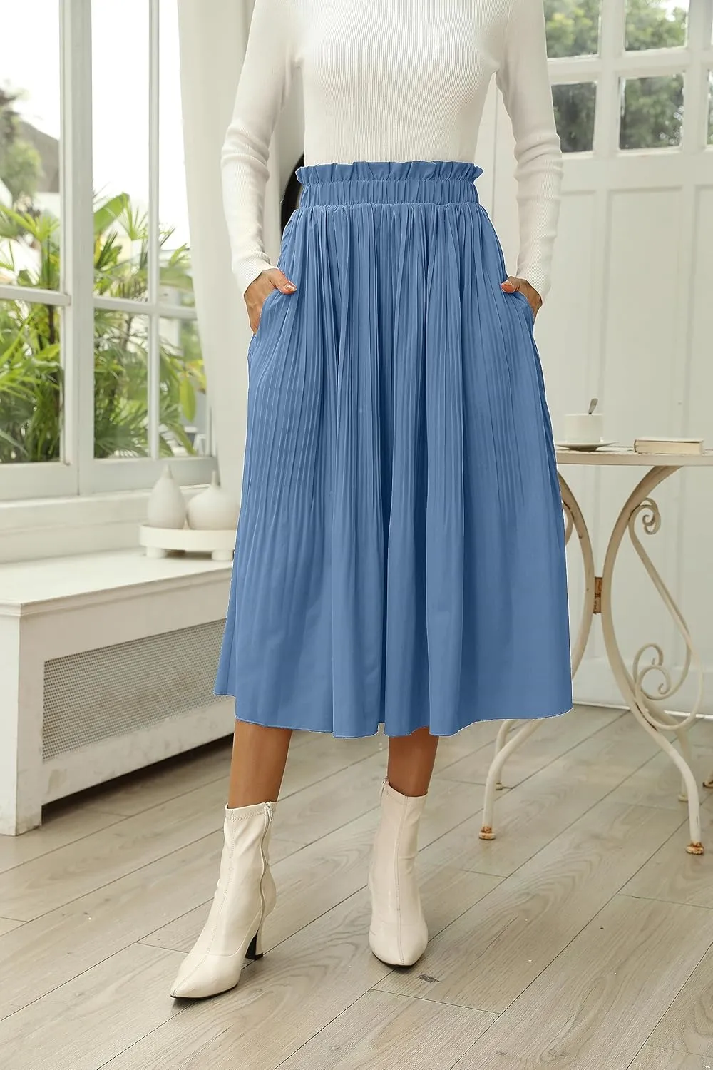 Naggoo Women's Skirts High Elastic Waisted Casual Skirt Pleated Floral/Solid Midi Skirts with Pockets