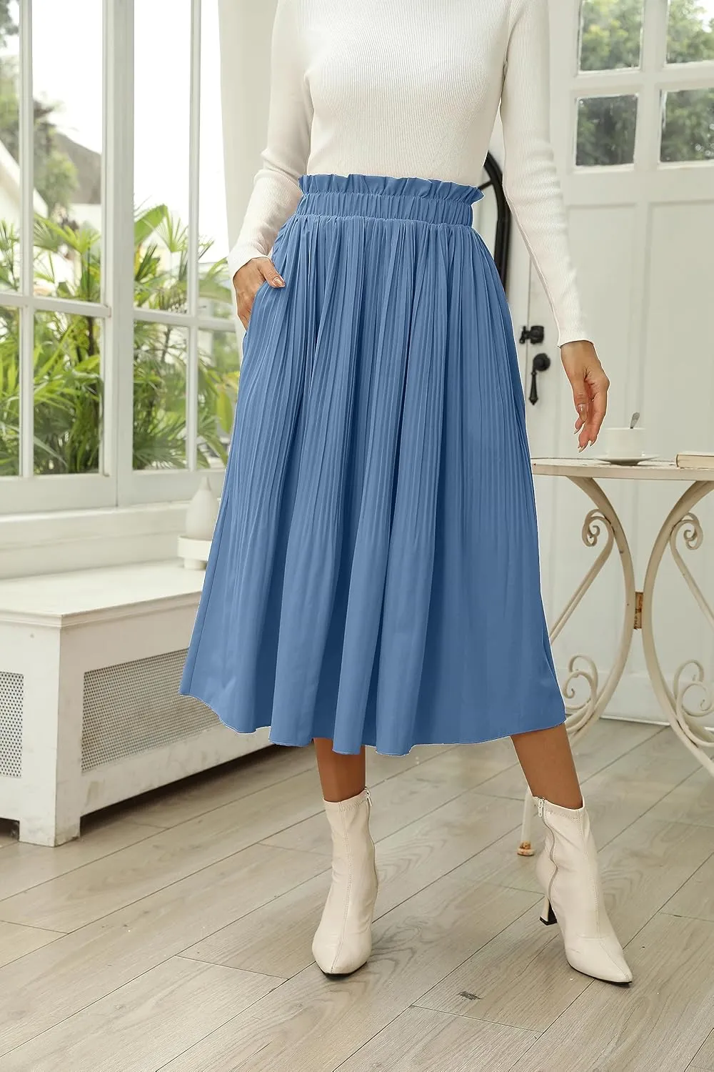 Naggoo Women's Skirts High Elastic Waisted Casual Skirt Pleated Floral/Solid Midi Skirts with Pockets