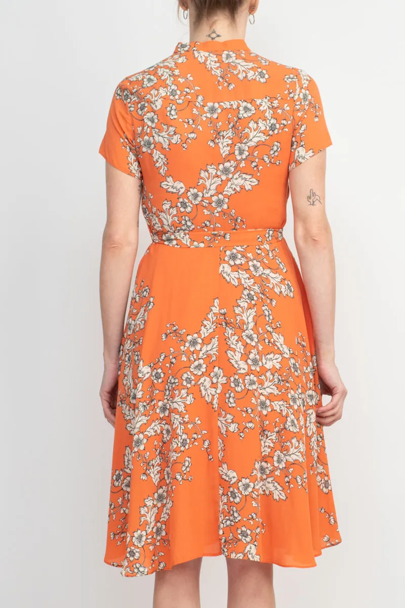 Nanette Lepore V-Neck Short Sleeve Pleated Front Tie Waist A-Line Floral Print Crepe Dress