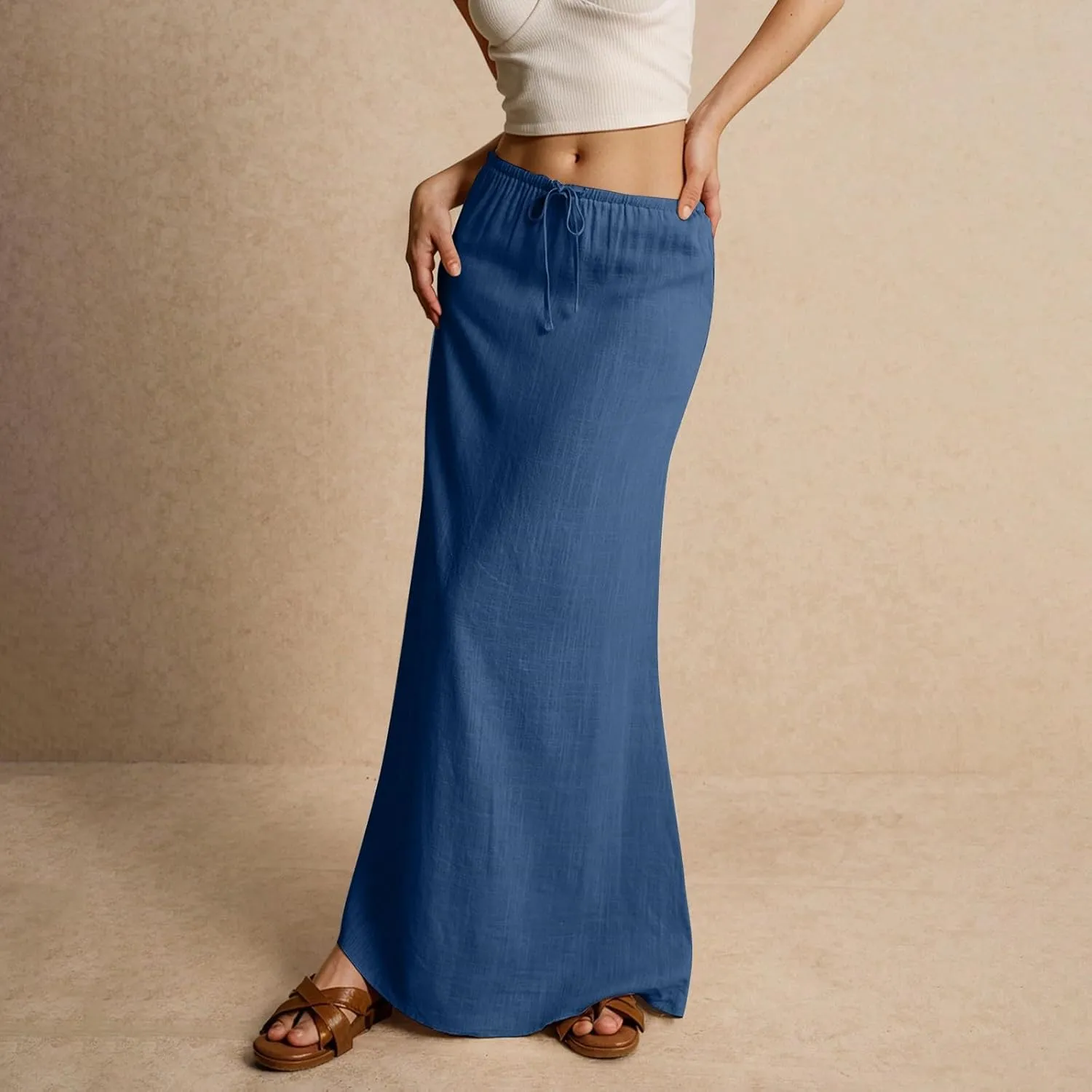 NBXNZWF Linen Skirts for Women 2025 Trendy Summer Low Rise A-Line Maxi Skirts Drawstring Waist Flowy Beach Cover Up Outfit
