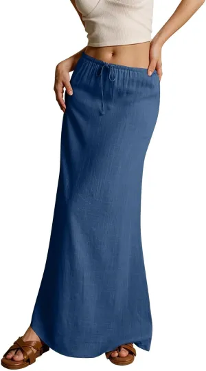 NBXNZWF Linen Skirts for Women 2025 Trendy Summer Low Rise A-Line Maxi Skirts Drawstring Waist Flowy Beach Cover Up Outfit