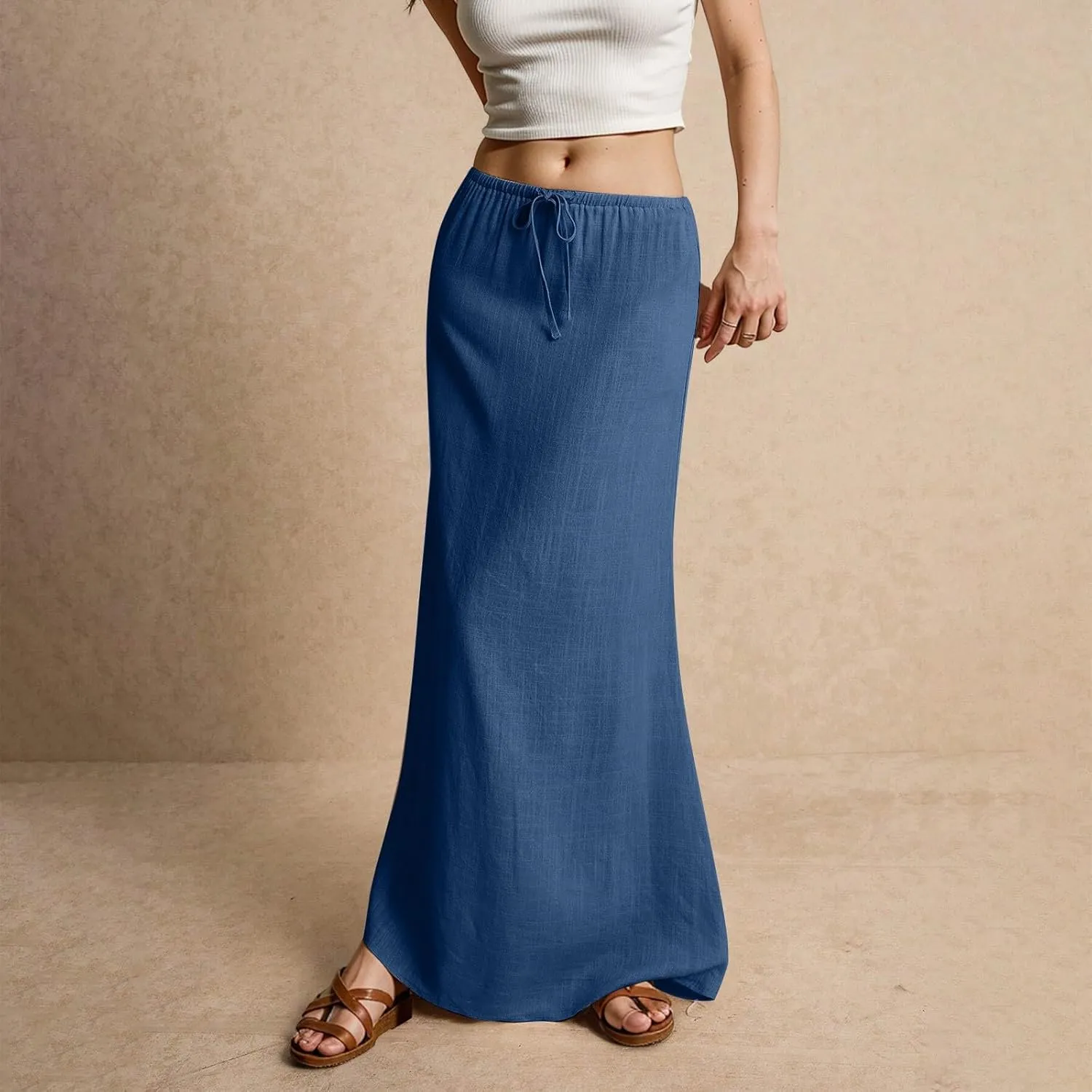 NBXNZWF Linen Skirts for Women 2025 Trendy Summer Low Rise A-Line Maxi Skirts Drawstring Waist Flowy Beach Cover Up Outfit