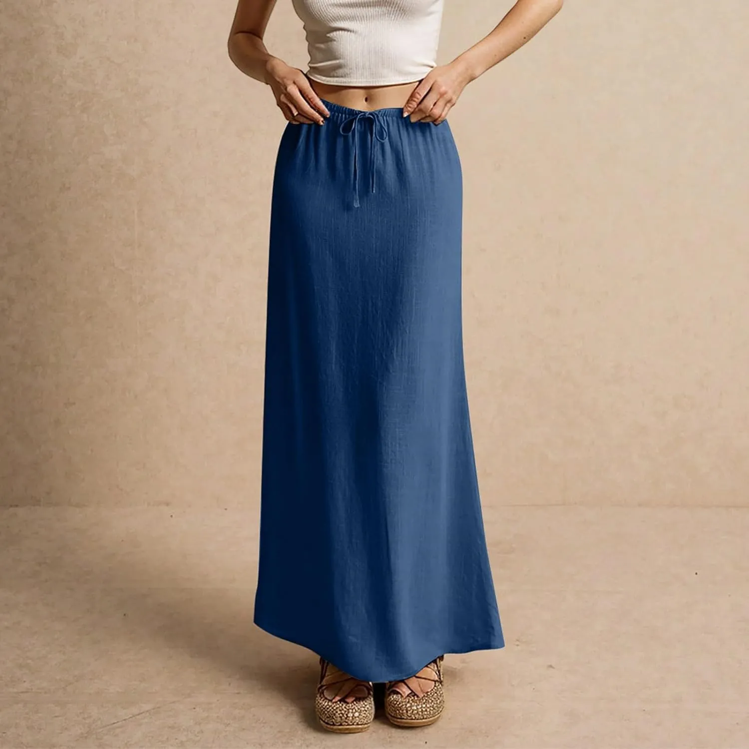 NBXNZWF Linen Skirts for Women 2025 Trendy Summer Low Rise A-Line Maxi Skirts Drawstring Waist Flowy Beach Cover Up Outfit