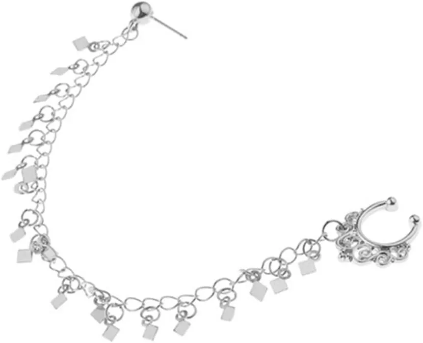Nose Ring Chain to Ear Geometric Tassel Link Chain Nose Clip Earrings Unique Design for Parties Summer Picnics and Events Silver Color