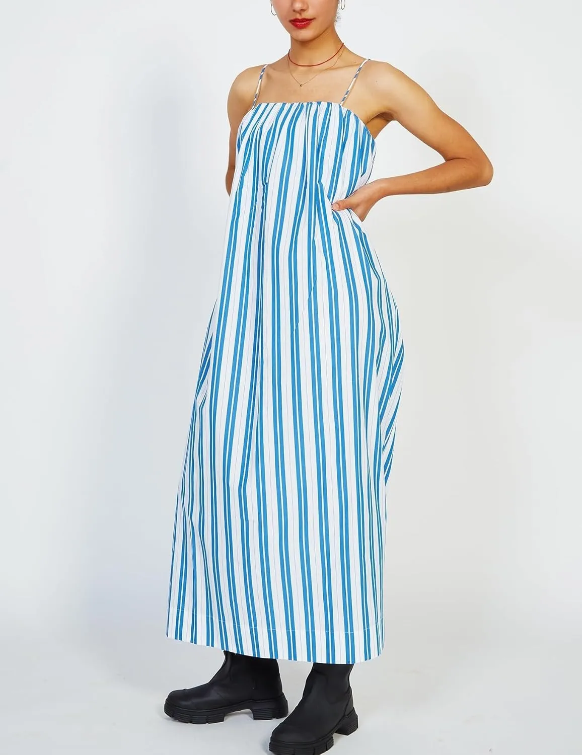 NUFIWI Women Summer Striped Maxi Dress Spaghetti Strap Color Block Long Dress Backless Flowy Swing Beach Sundress