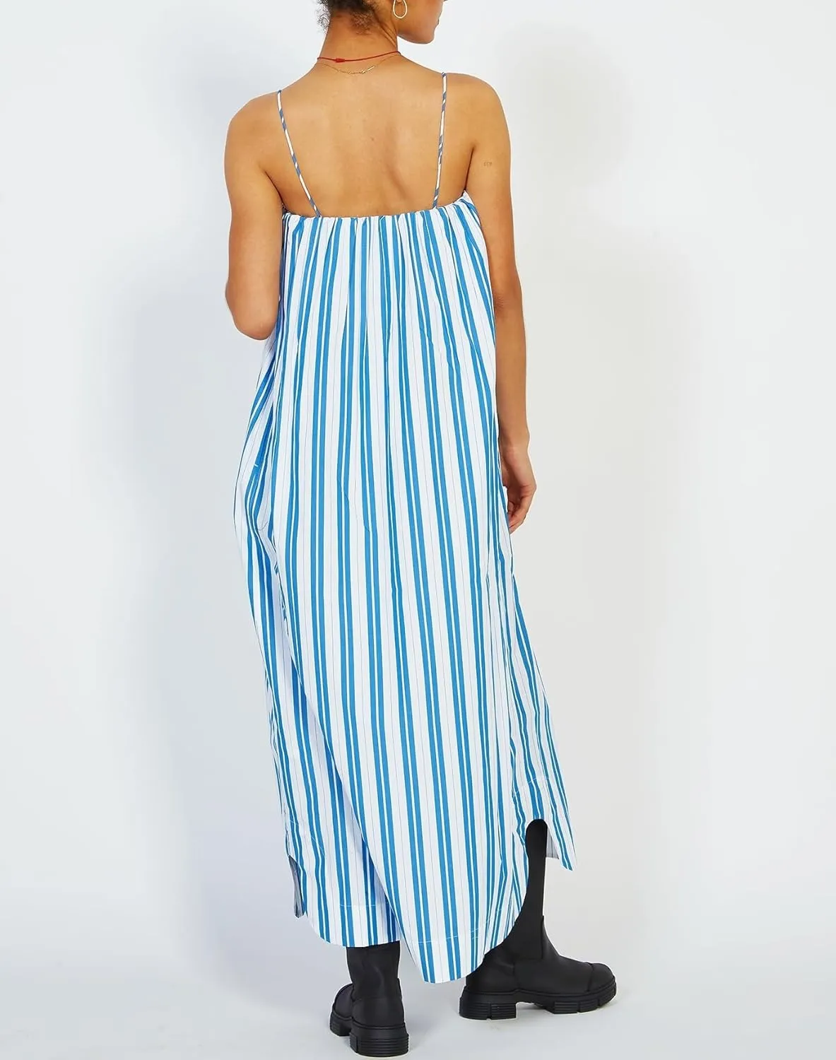 NUFIWI Women Summer Striped Maxi Dress Spaghetti Strap Color Block Long Dress Backless Flowy Swing Beach Sundress