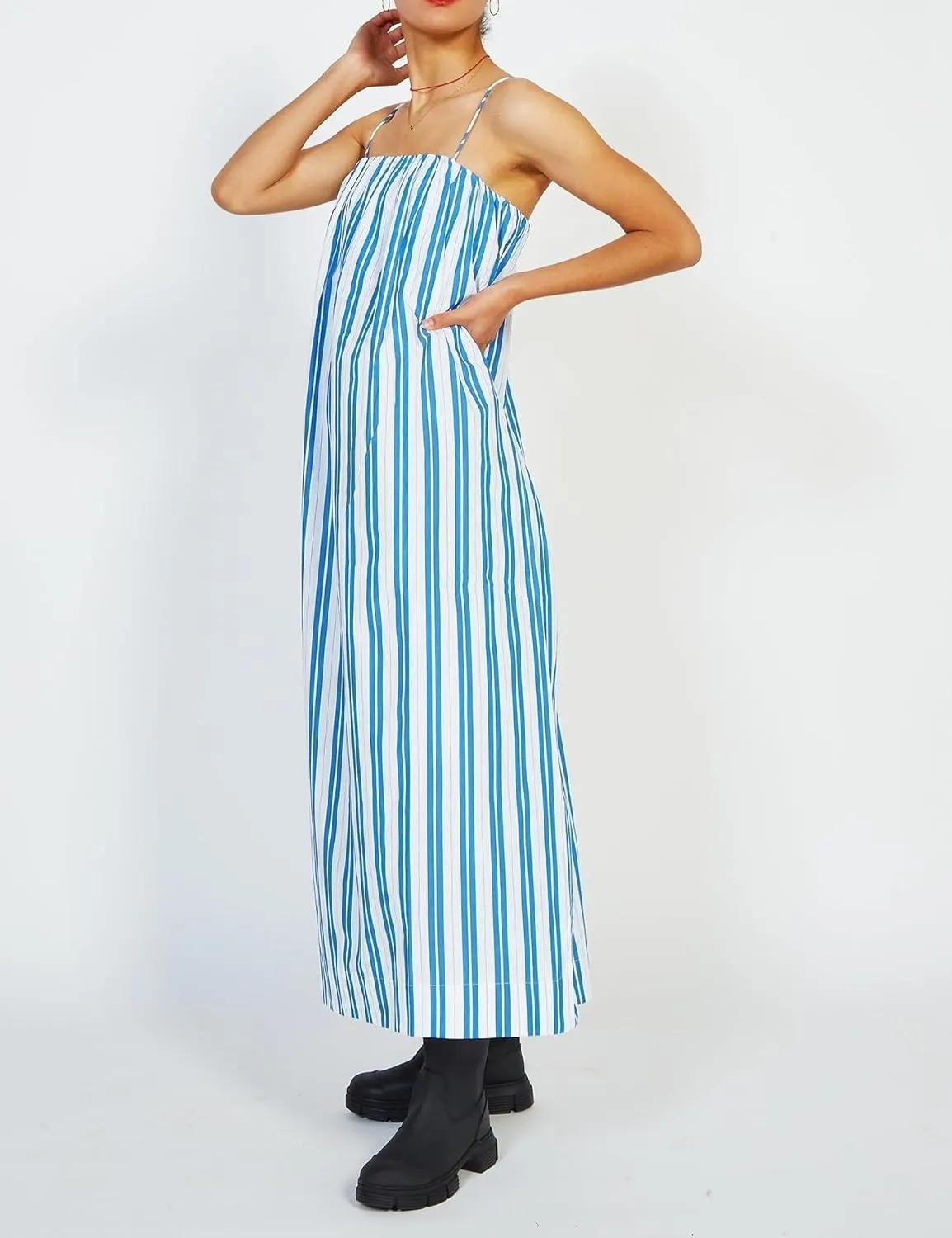 NUFIWI Women Summer Striped Maxi Dress Spaghetti Strap Color Block Long Dress Backless Flowy Swing Beach Sundress