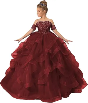 Off Shoulder Pageant Dresses for Girls Lace Applique Ruffle Flower Girl Dress Princess Ball Gown