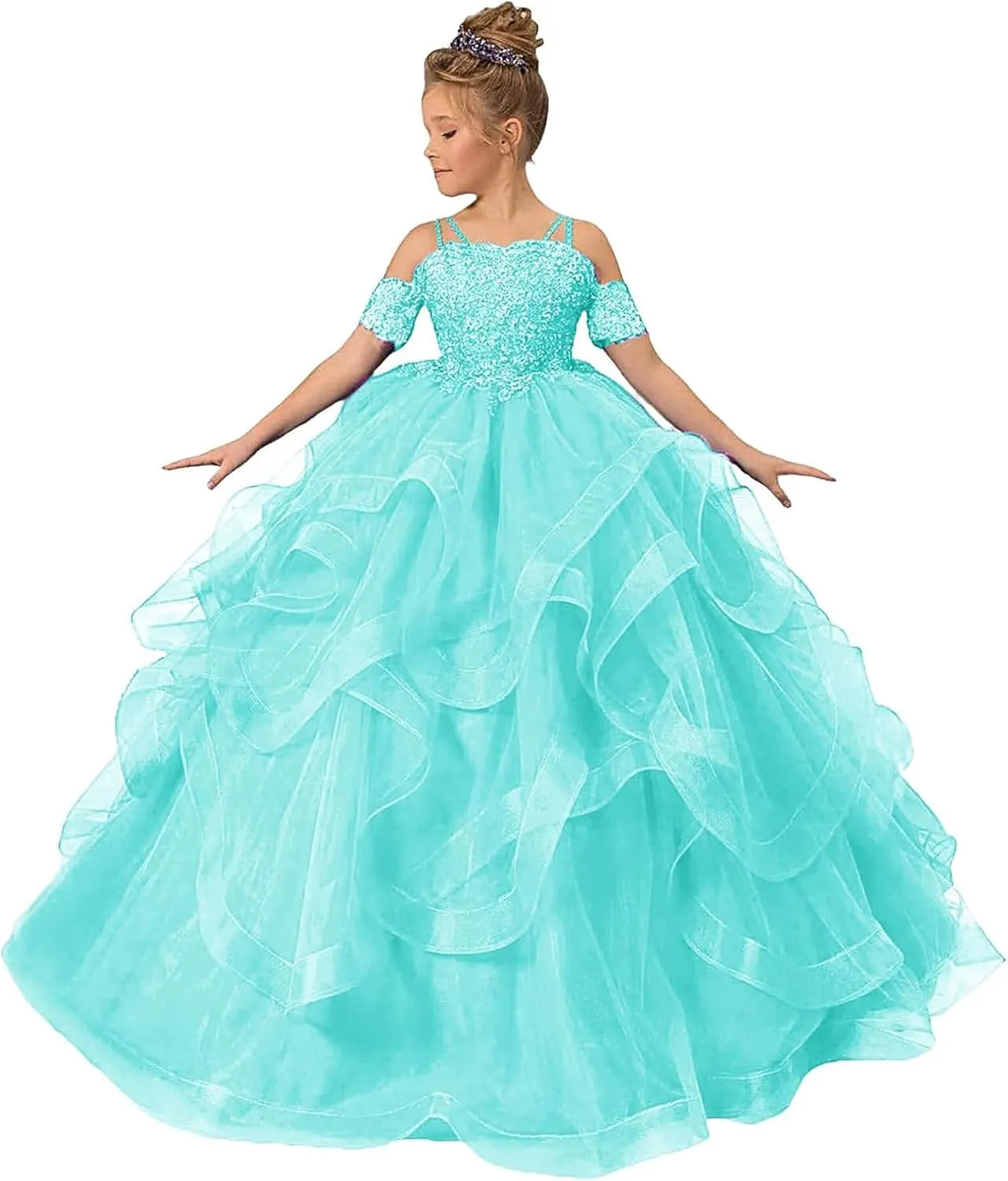 Off Shoulder Pageant Dresses for Girls Lace Applique Ruffle Flower Girl Dress Princess Ball Gown