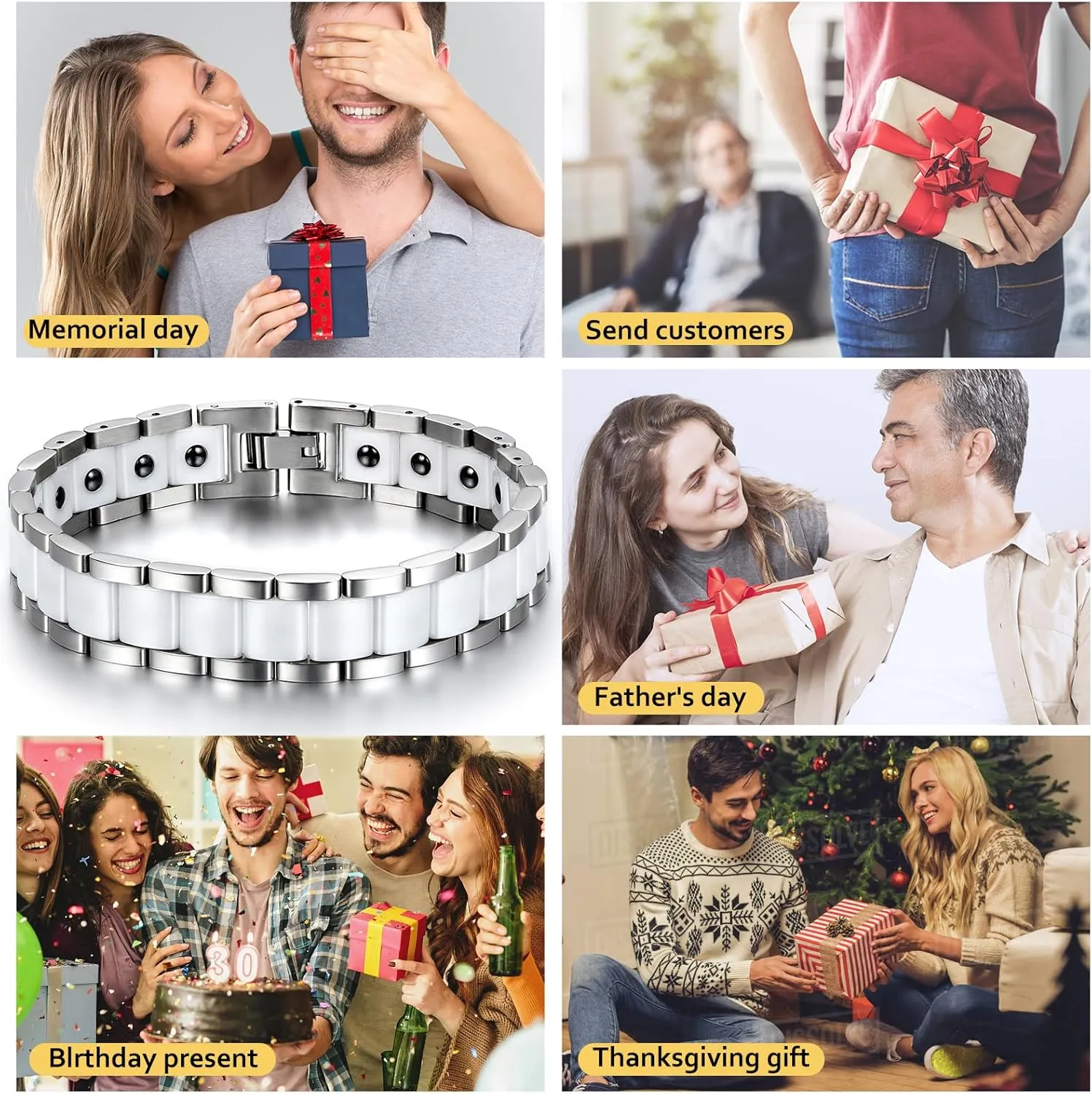 OIDEA Mens Bracelet Gift for Dad Father - 13MM Wide Watch Band Stainless Steel Link Bracelet Two-Tone White Ceramic Bracelet Jewelry with Gift Box, 8.1Inch