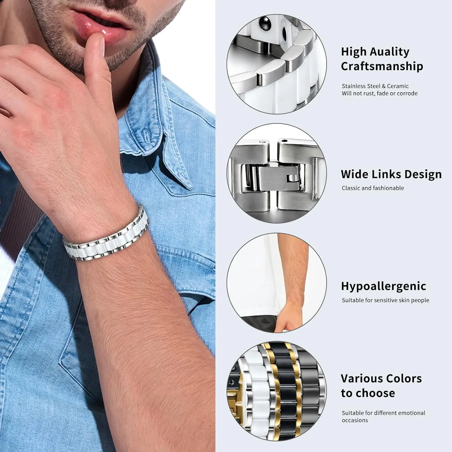 OIDEA Mens Bracelet Gift for Dad Father - 13MM Wide Watch Band Stainless Steel Link Bracelet Two-Tone White Ceramic Bracelet Jewelry with Gift Box, 8.1Inch