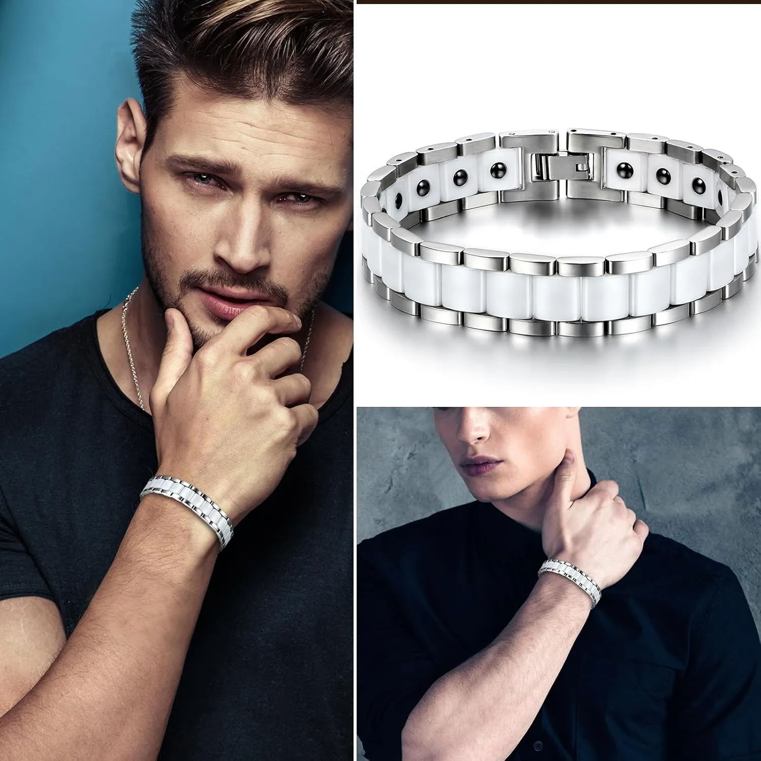 OIDEA Mens Bracelet Gift for Dad Father - 13MM Wide Watch Band Stainless Steel Link Bracelet Two-Tone White Ceramic Bracelet Jewelry with Gift Box, 8.1Inch
