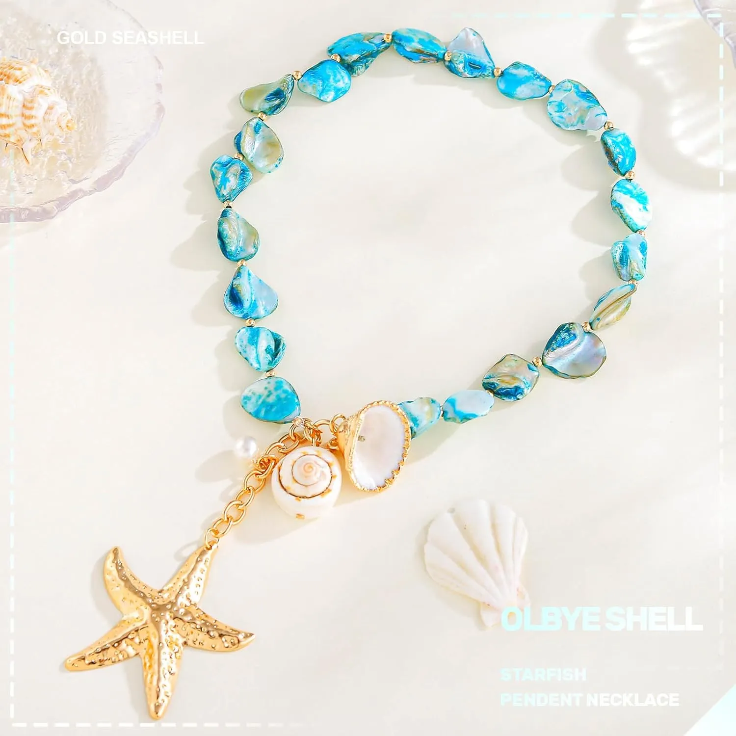 Olbye Starfish Shell Necklace Gold Seashell Pendant Necklaces Summer Charm Trendy Choker Necklace Statement Fashion Surfer Necklaces Boho Beach Jewelry for Women