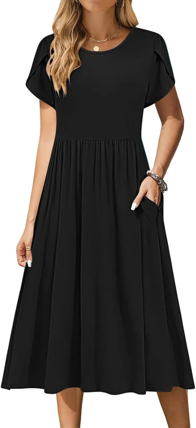 Olive Casual A-Line Dress for Women Short Sleeve with Pockets Summer Midi Dress