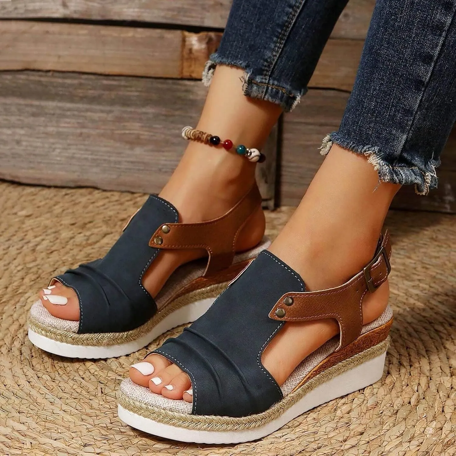 Orthopedic Platform Wedge Sandals for Women Dressy Summer 2025 Open Toe Ankle Strap Espadrilles Casual Strappy Slip on Beach Boho Sandal Comfortable