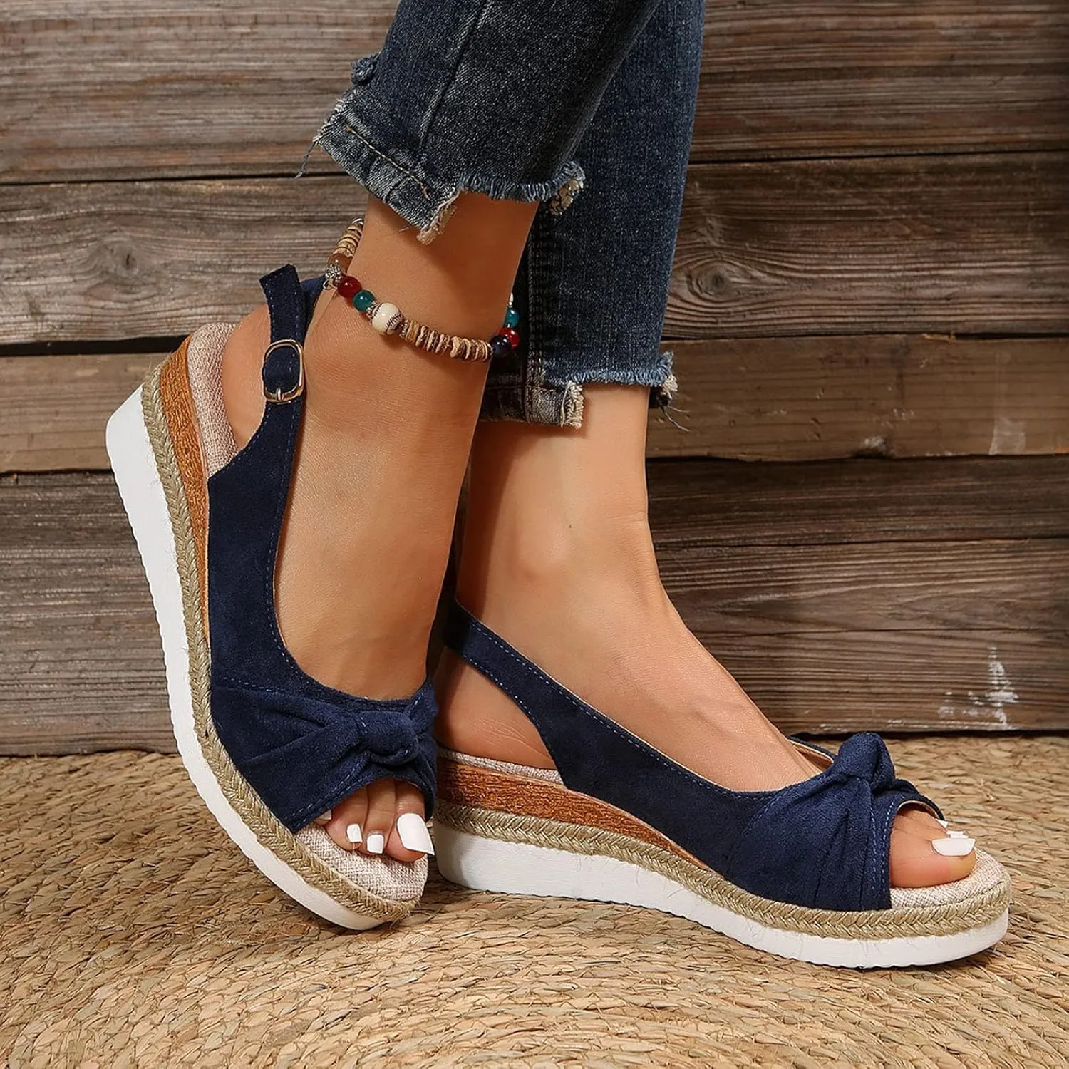 Orthopedic Platform Wedge Sandals for Women Summer Dressy 2025 Flat Open Toe Ankle Strap Espadrilles Casual Strappy Slip on Beach Boho Sandal Comfortable
