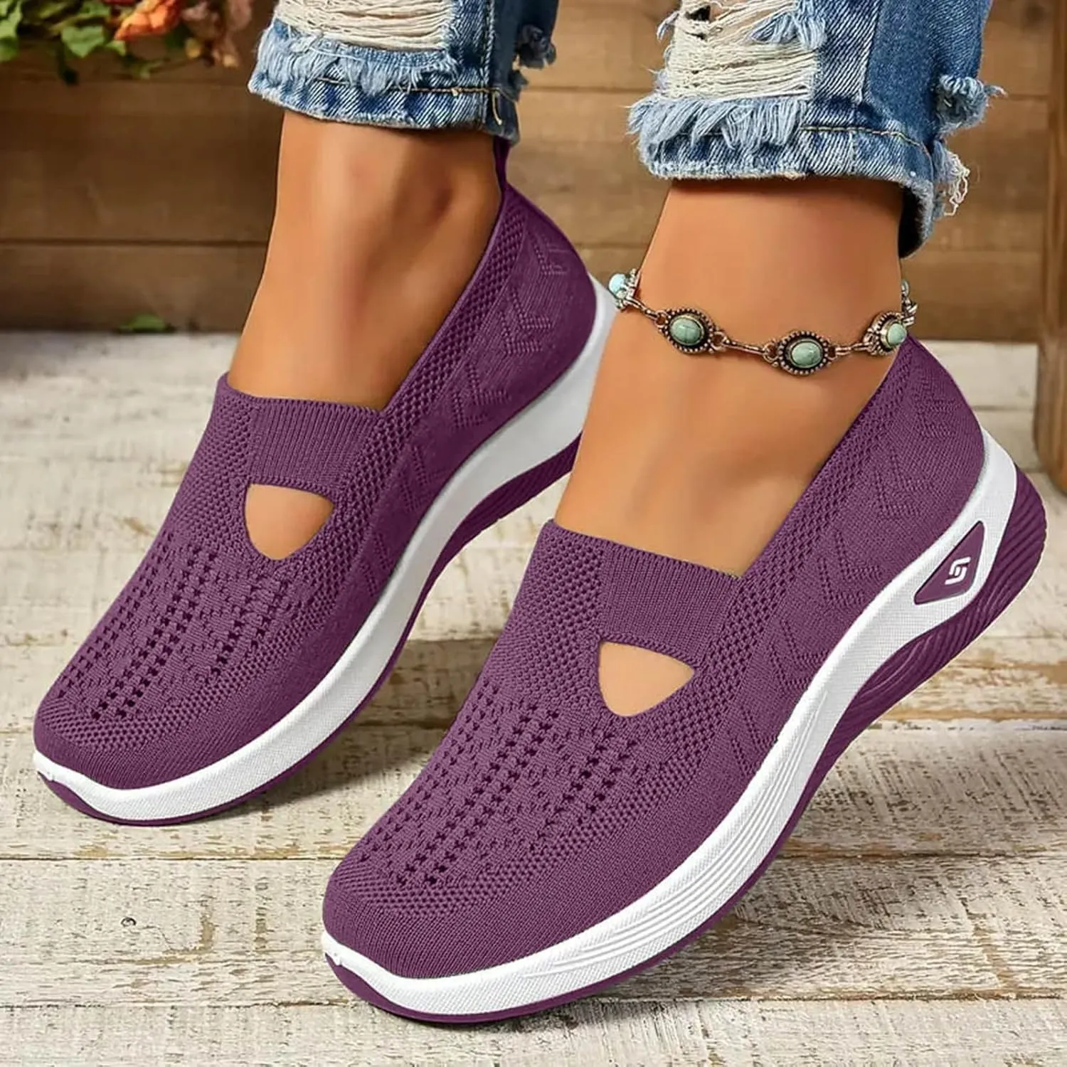 Orthopedic Shoes for Women Slip Ons Sneakers Breathable with Arch Support Slip On Walking Shoes Soft Knitted Fabric Mesh Casual Sneakers Non Slip Low Top Work Shoes
