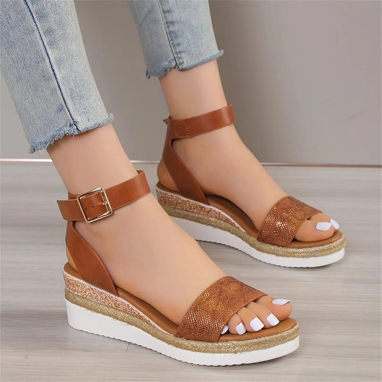 Orthopedic Wedge Sandals for Women,Casual Strappy Open Toe Espadrilles Platform Sandals Ankle Strap Slope Heel Platform Sandals Comfortable Outdoor Walking Shoes