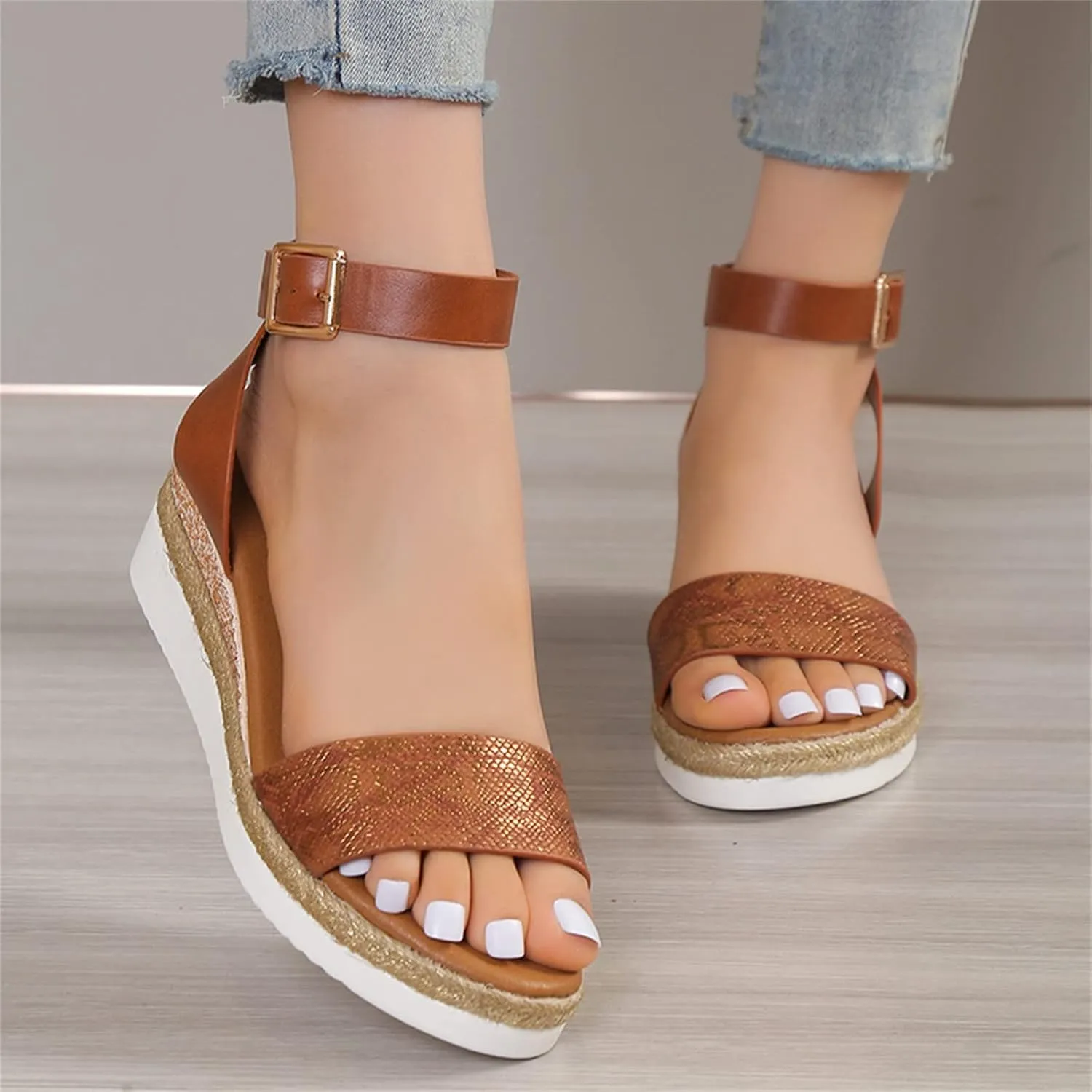 Orthopedic Wedge Sandals for Women,Casual Strappy Open Toe Espadrilles Platform Sandals Ankle Strap Slope Heel Platform Sandals Comfortable Outdoor Walking Shoes