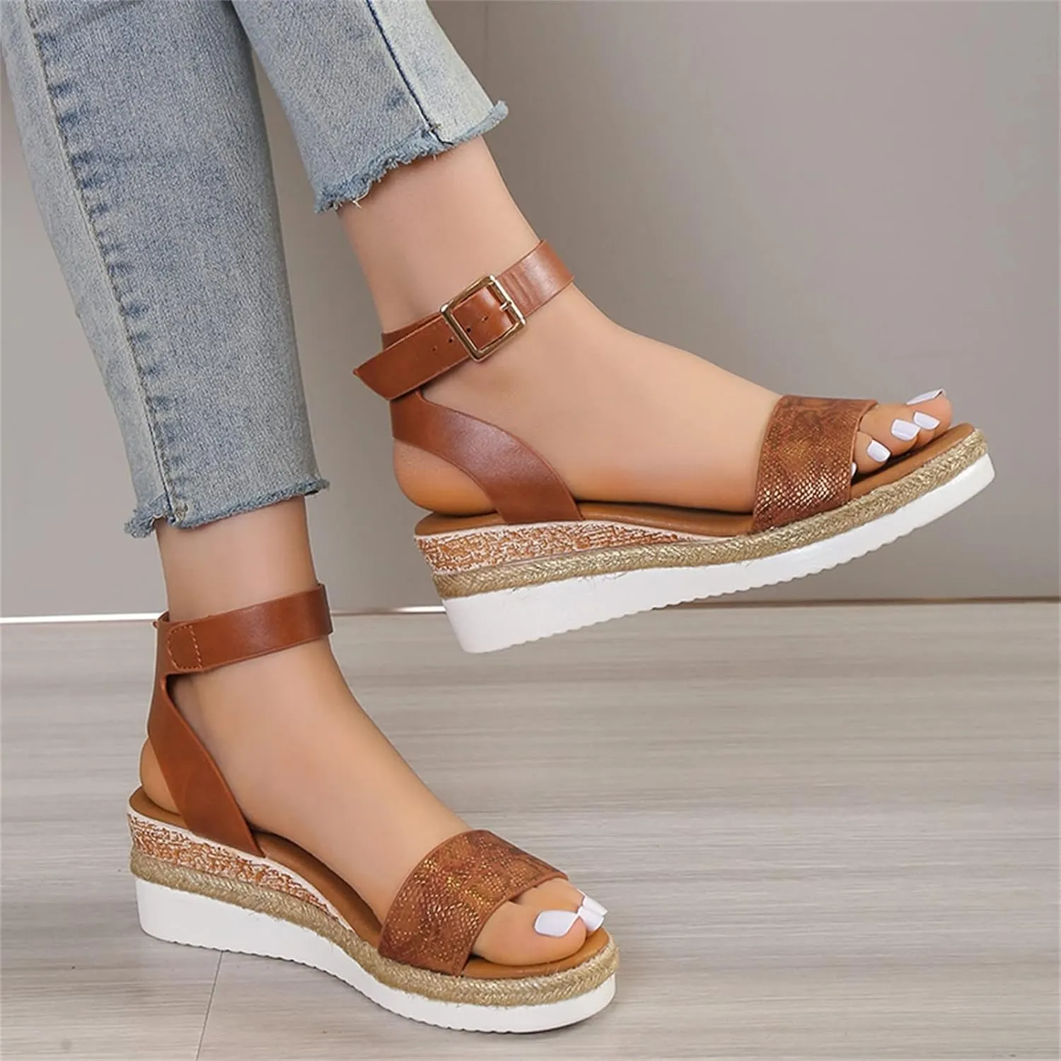 Orthopedic Wedge Sandals for Women,Casual Strappy Open Toe Espadrilles Platform Sandals Ankle Strap Slope Heel Platform Sandals Comfortable Outdoor Walking Shoes