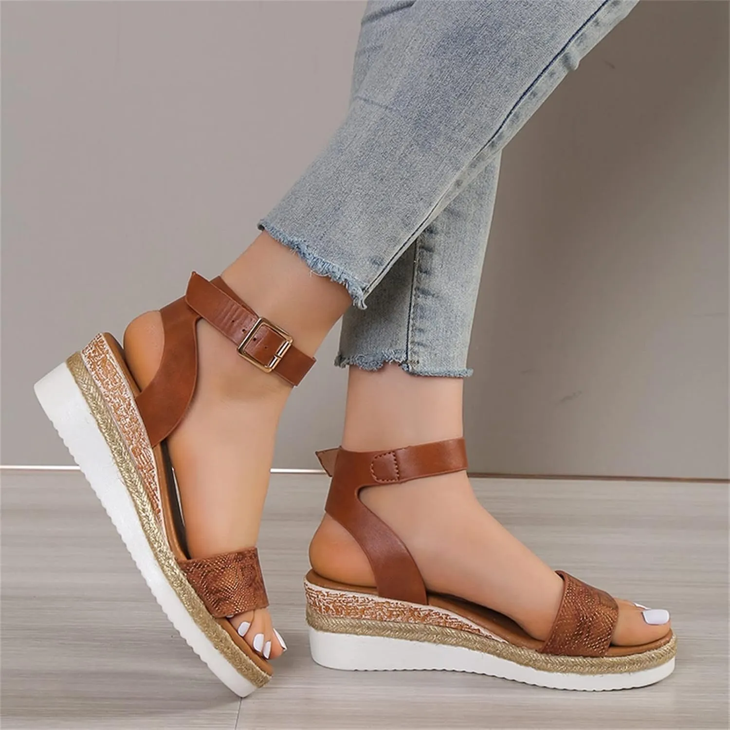 Orthopedic Wedge Sandals for Women,Casual Strappy Open Toe Espadrilles Platform Sandals Ankle Strap Slope Heel Platform Sandals Comfortable Outdoor Walking Shoes
