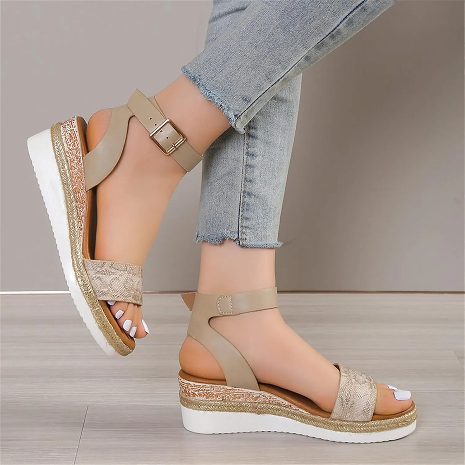 Orthopedic Wedge Sandals for Women,Casual Strappy Open Toe Espadrilles Platform Sandals Ankle Strap Slope Heel Platform Sandals Comfortable Outdoor Walking Shoes