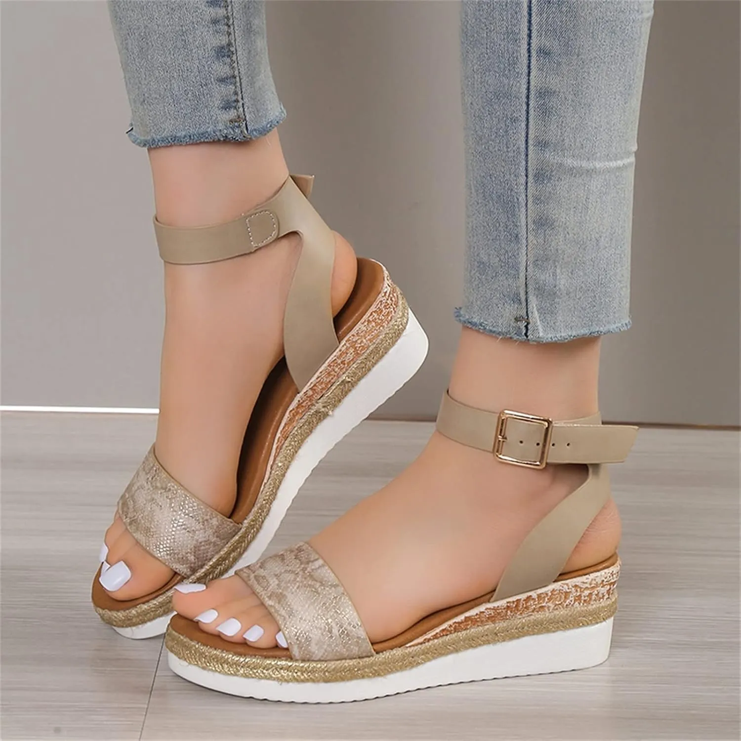 Orthopedic Wedge Sandals for Women,Casual Strappy Open Toe Espadrilles Platform Sandals Ankle Strap Slope Heel Platform Sandals Comfortable Outdoor Walking Shoes