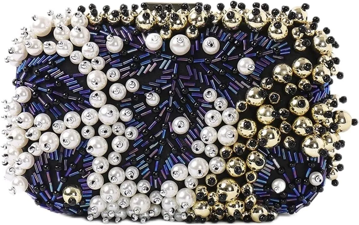 Pearl Evening Bag for Women Beaded Clutch Bag Shoulder Bag with Detachable Chain Bridal Wedding Purse Retro Handbag