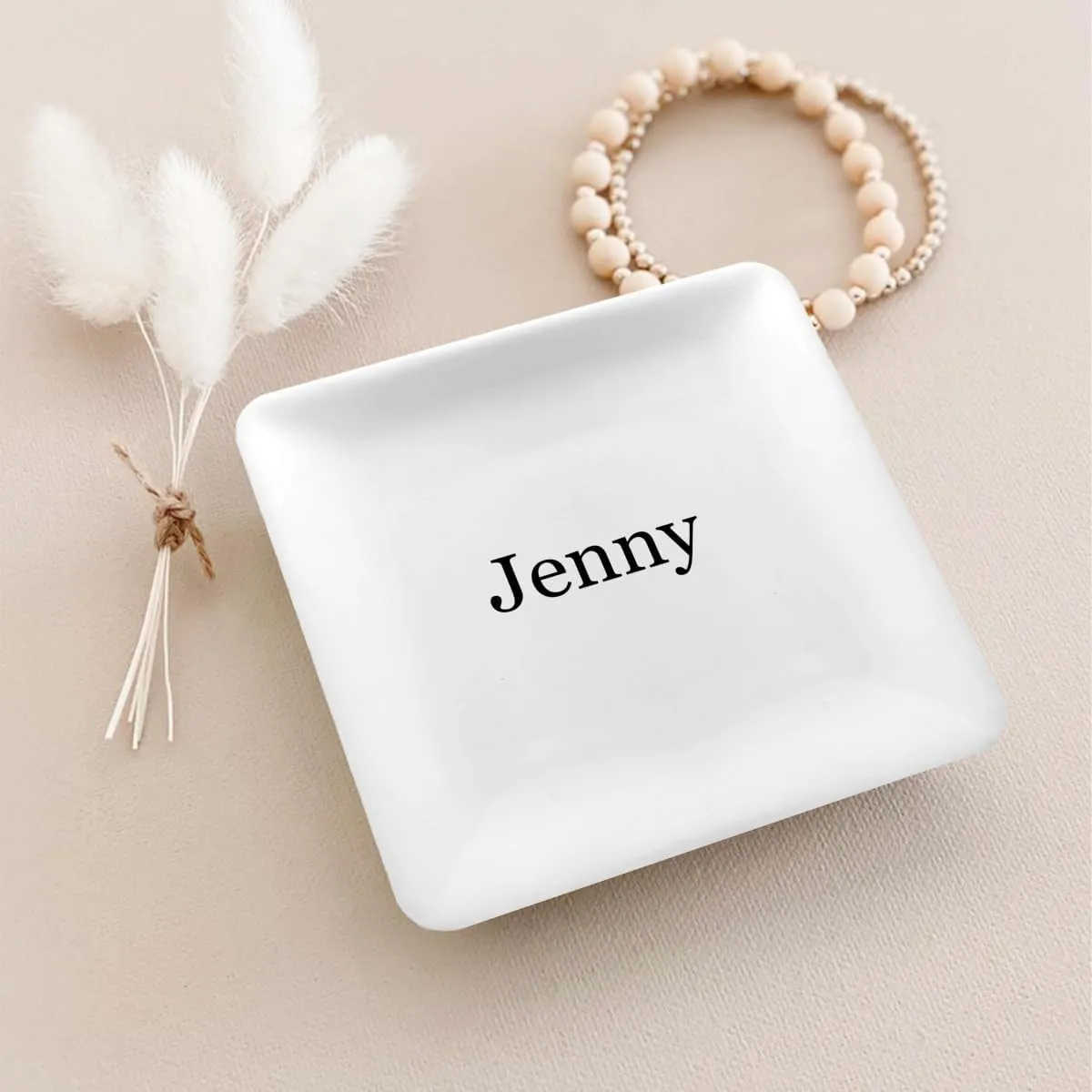 Personalized Ceramic Jewelry Trays Ring Dish, Customize Decor Jewelry Dish for Mom Girlfriend Sister Friend, Personalize Mother's Valentine's Day Birthday Gifts for Women, 4.44In White Square