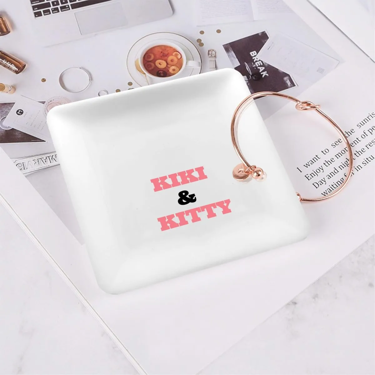 Personalized Ceramic Jewelry Trays Ring Dish, Customize Decor Jewelry Dish for Mom Girlfriend Sister Friend, Personalize Mother's Valentine's Day Birthday Gifts for Women, 4.44In White Square