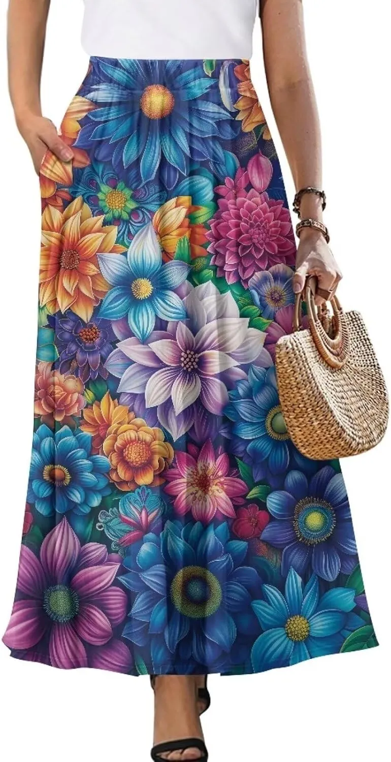 Pleated Midi Skirts for Women with Pockets Elastic High Waisted Skirt Plus Size Womens Summer Skirts