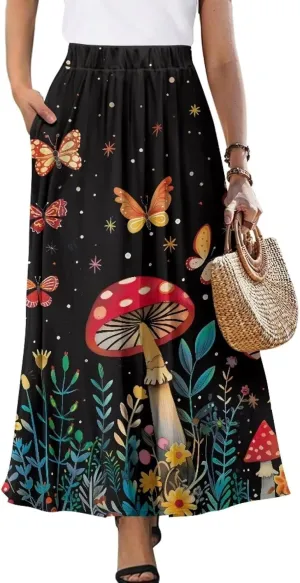 Pleated Midi Skirts for Women with Pockets Elastic High Waisted Skirt Plus Size Womens Summer Skirts