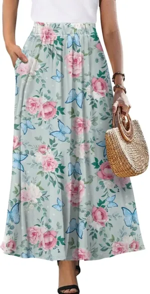 Pleated Midi Skirts for Women with Pockets Elastic High Waisted Skirt Plus Size Womens Summer Skirts