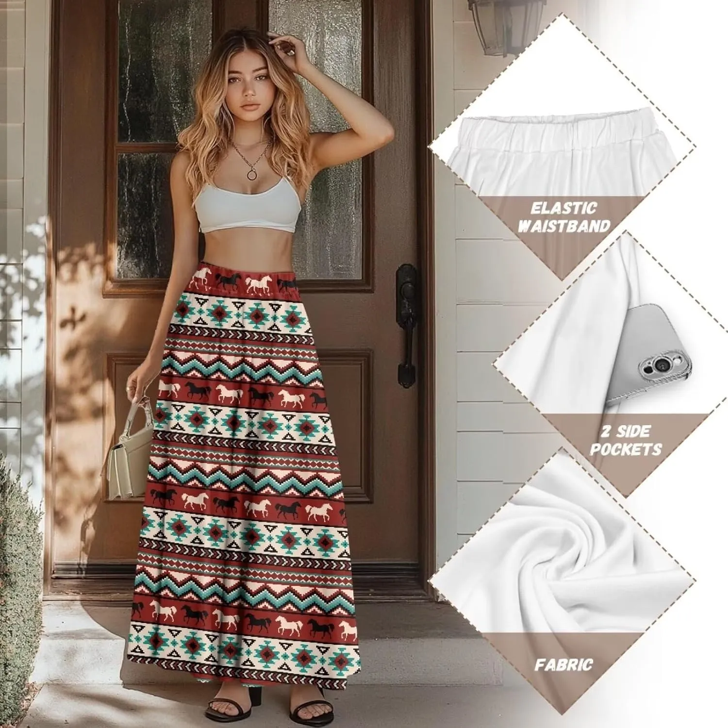 Pleated Midi Skirts for Women with Pockets Elastic High Waisted Skirt Plus Size Womens Summer Skirts