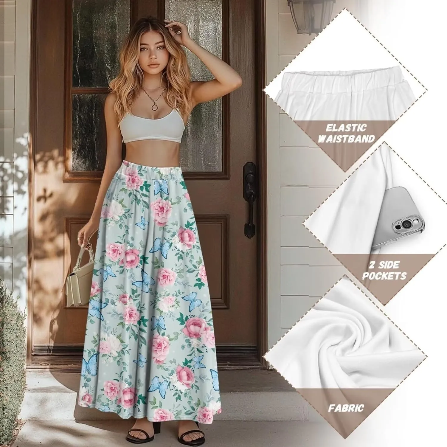Pleated Midi Skirts for Women with Pockets Elastic High Waisted Skirt Plus Size Womens Summer Skirts